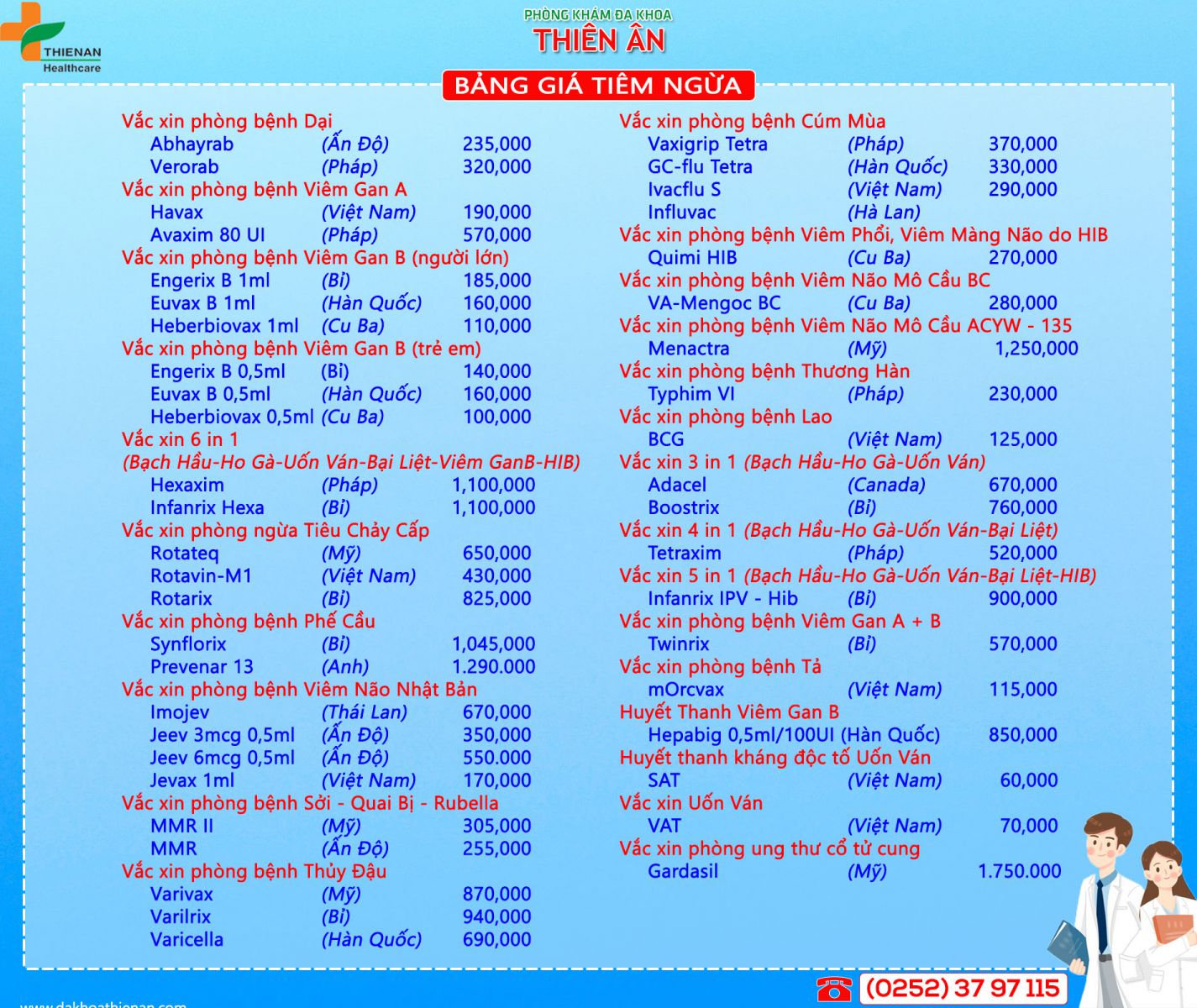 BẢNG GIÁ TIÊM NGỪA